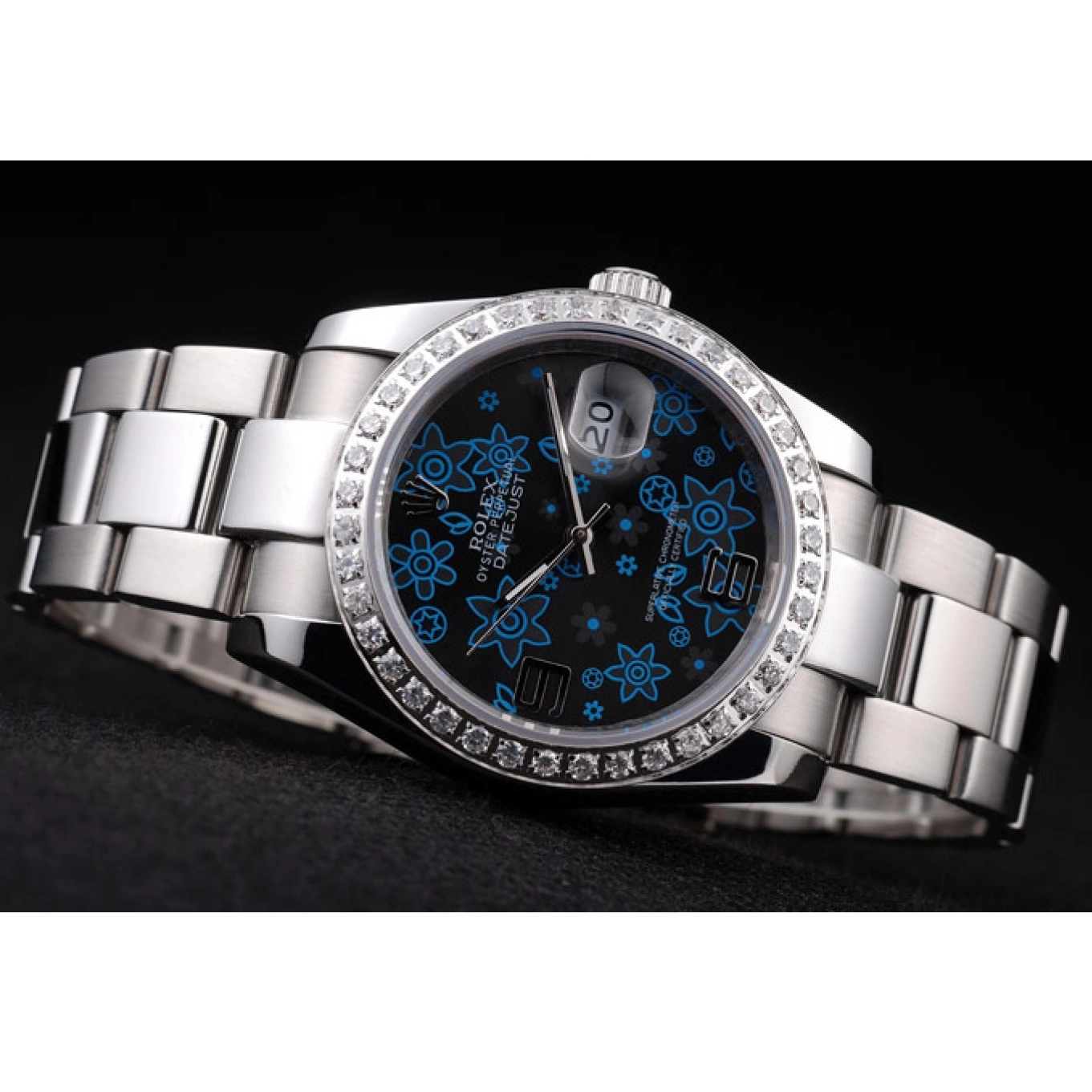 Aaa replica watch Datejust Plated Dark Diamond Rolex Polished Dial Flowers Stainless Blue Steel 0714